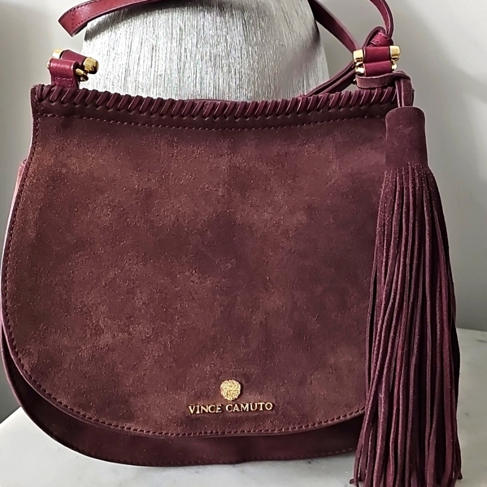 Vince Camuto Burgundy Suede Shoulder Bag with Tassel